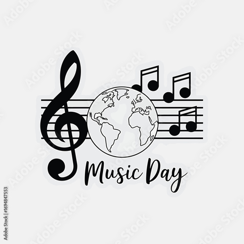 Vector art of global music day celebration with treble clef, musical notes, and earth illustration on a