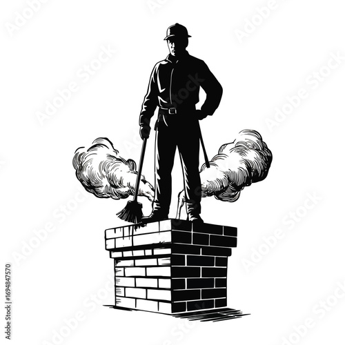 Black and white silhouette illustration of a chimney sweep standing atop a brick chimney with smoke clouds and traditional uniform