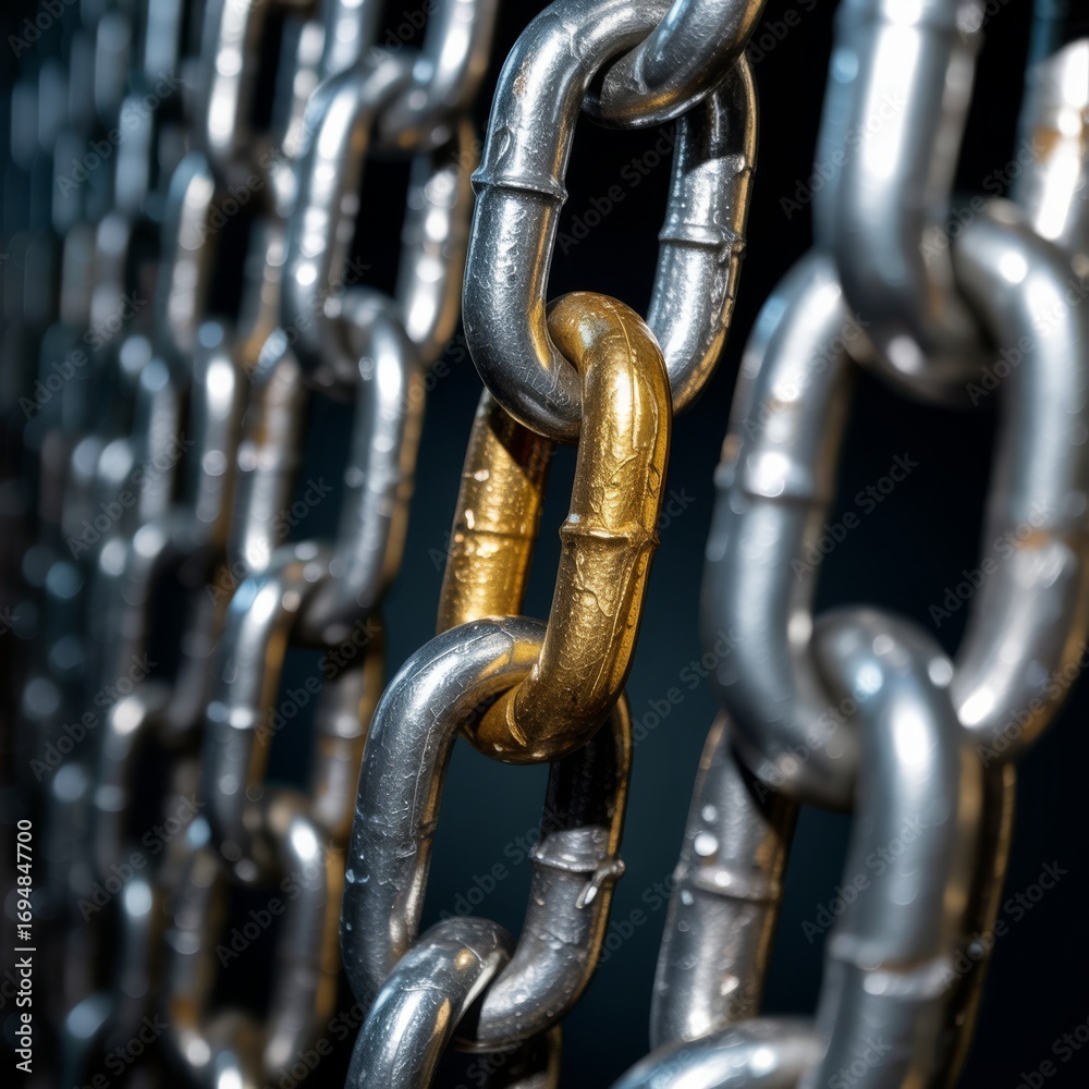 Obraz premium Close-up of a Metal Chain with One Gold Link silver