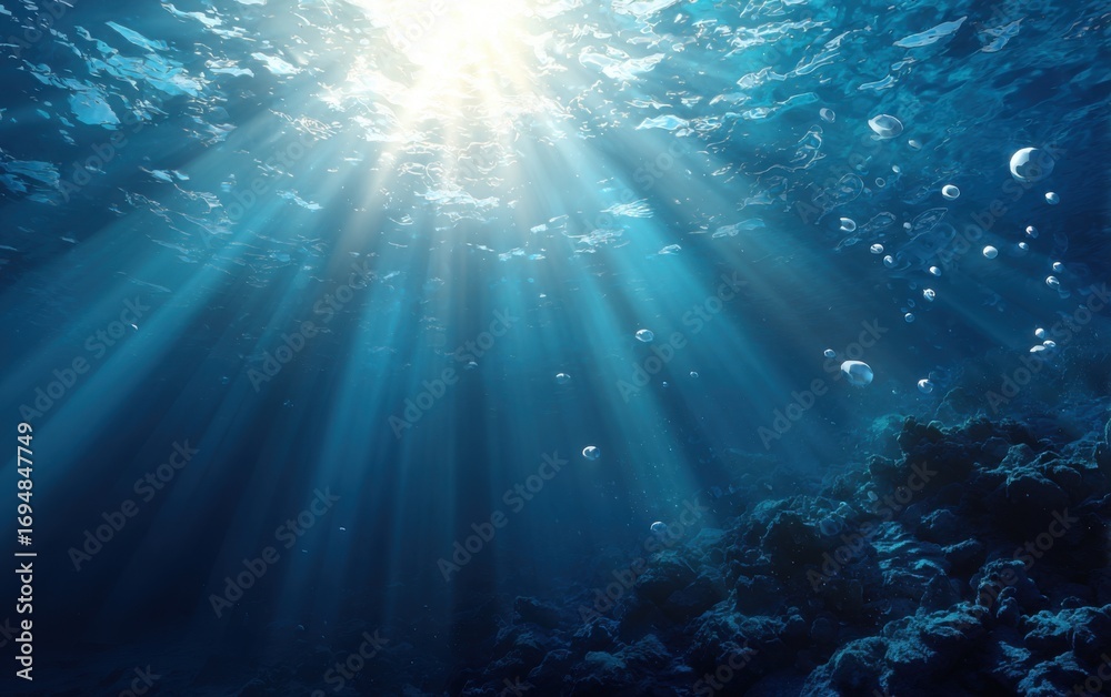 Fototapeta premium Sunbeams pierce deep blue underwater world