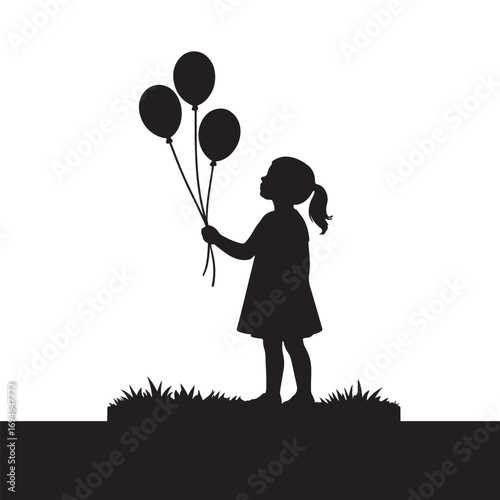Silhouette of a Little Girl Holding Balloons and Looking at the Sky