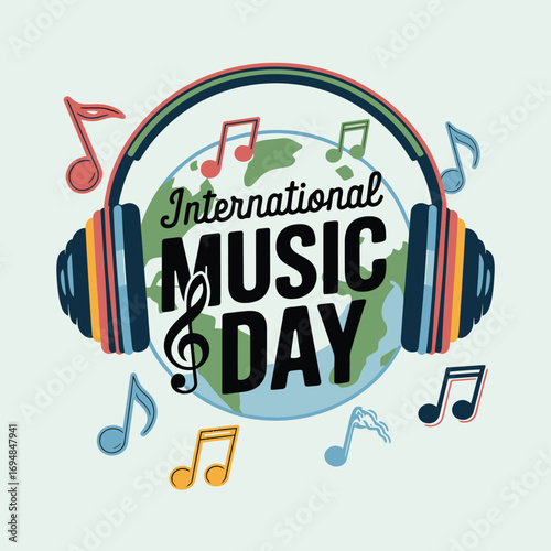 Vector art of international music day celebrated globally with headphones, earth, musical notes, and treble clef, symbolizing worldwide music connection and enjoyment