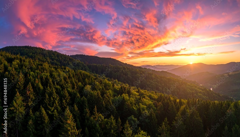 Obraz premium A breathtaking vista of a mountain range at sunset, showcasing a vibrant, colorful sky with a dramatic display of warm hues over lush, green forests.