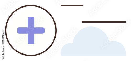 Purple medical cross in a circle, light blue cloud, and horizontal lines. Ideal for healthcare, technology, cloud storage, wellness, medical innovation telemedicine and future concepts. Simple flat