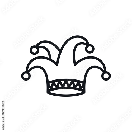 Black outline jester hat with pom poms and zigzag band fool hat harlequin hat