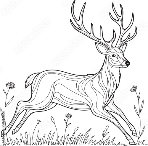 Artistic line art illustration of a running deer with decorative patterns in grass Keywords: deer