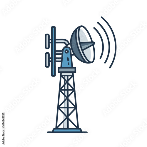 Detailed communication antenna icon with satellite dish on tall signal tower. Modern communication antenna is used for broadcasting and telecommunication infrastructure, ensuring connectivity.