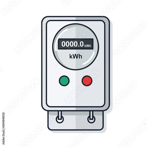 Depiction of an electric meter, metering kilowatt hours, shown as a simple gauge. This electric meter reflects current energy consumption displayed on digital display.