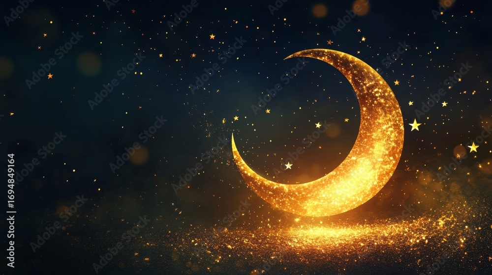 Naklejka premium Enchanting night sky display celestial event fantasy art ethereal environment dreamlike viewpoint glowing crescent moon and sparkling stars