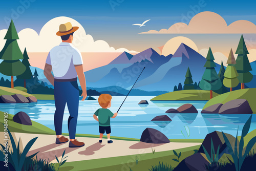 A heartwarming illustration of a father and son enjoying a fishing trip at a serene mountain lake.