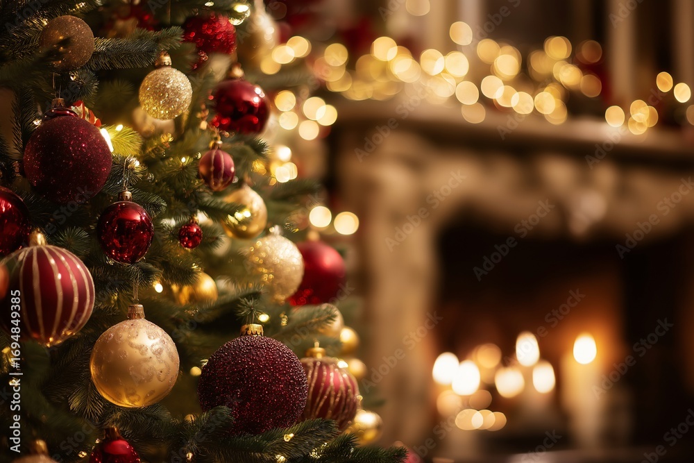 Fototapeta premium Beautifully decorated Christmas tree with red and gold ornaments stands in cozy room, illuminated by warm, glowing lights. soft focus on fireplace in background adds to festive ambiance