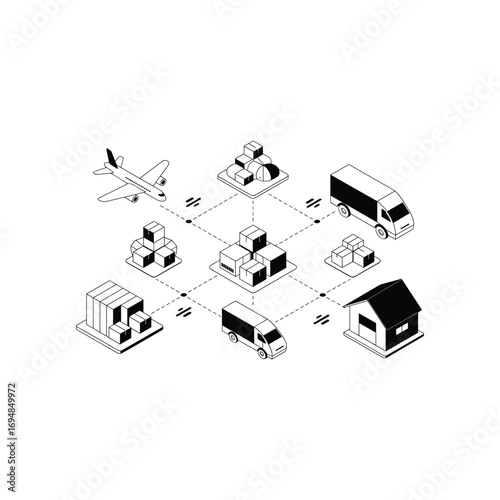 Global supply chain logistics network with trucks planes warehouses and distribution centers