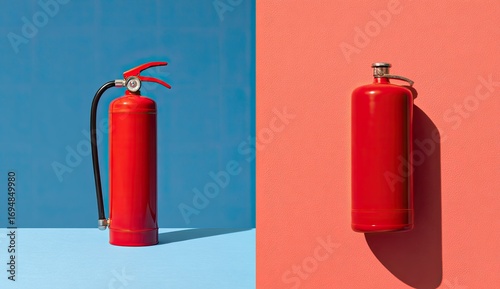 Two fire extinguishers against contrasting backgrounds