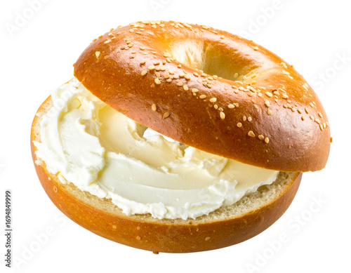  Angled Side Perspective of Toasted Bagel with Cream Cheese Swirls, Isolated