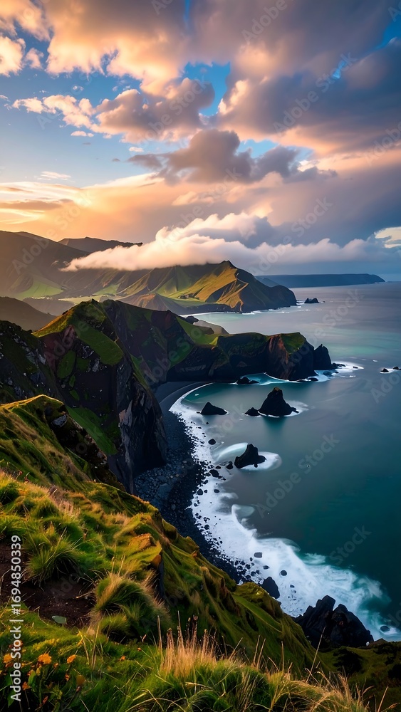 Obraz premium A breathtaking coastal vista displays dramatic cliffs, a rocky beach, and a dramatic sky filled with fluffy clouds at sunrise.