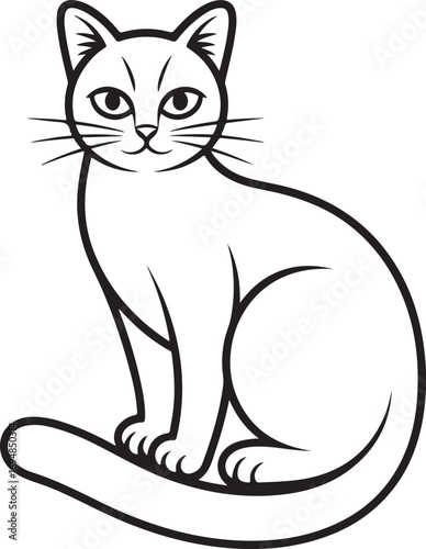 Stylized black and white line art drawing of a seated cat Keywords: cat, feline, animal, pet