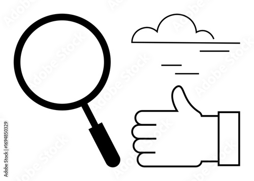 Magnifying glass, thumbs up gesture showing approval, and cloud outline with minimal strokes. Ideal for positivity, search, analysis, exploration, success, feedback simple landing page