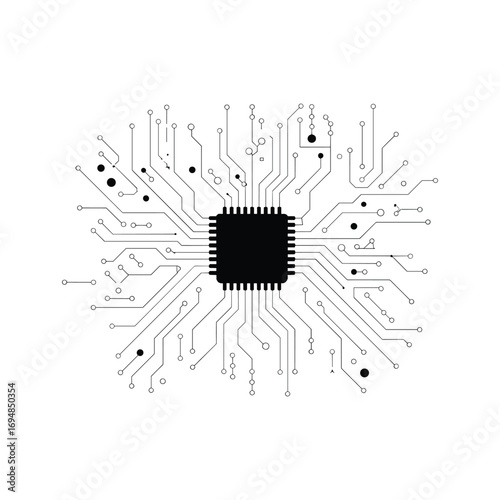Central microchip with integrated circuit board connections and digital data flow abstract design