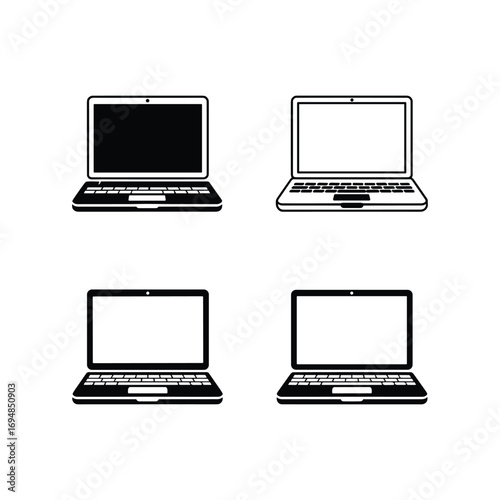 Set of four diverse laptop icons showing different open and closed states for digital applications