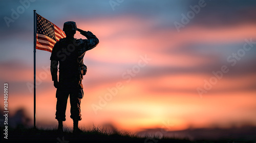 Silhouette of american soldier saluting the flag at sunrise symbolizing patriotism and military service