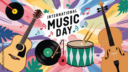 Vector art of international music day features diverse instruments like guitar, cello, and drums, with vinyl records and colorful abstract shapes