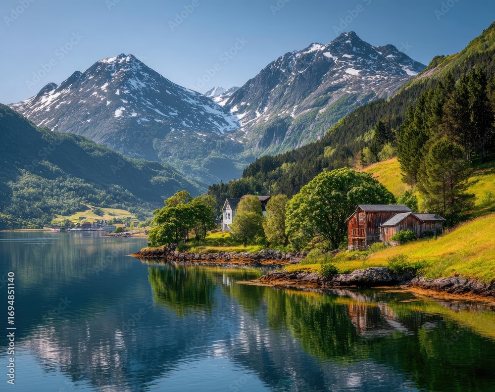 Fototapeta premium Serene fjord landscape with mountain reflections