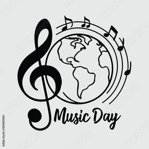 Vector art of global music celebration with treble clef and musical notes around the earth