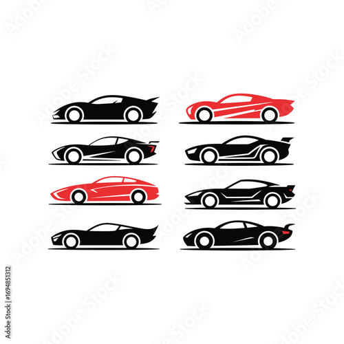 Collection of sleek sports cars and supercars in dynamic poses ideal for automotive design concepts