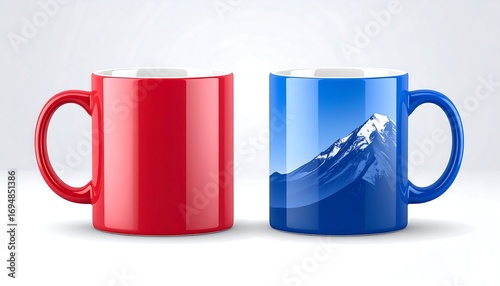 Two colored mugs, one red, one blue, with a mountain scene