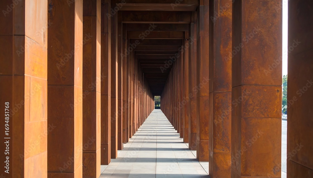 Fototapeta premium A long, rust-colored colonnade creates a perspective-based pathway, showcasing architectural lines and the interplay of light and shadow.