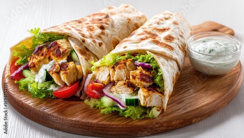 Two chicken wraps on a wooden board with a side of tzatziki sauce