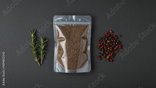 A tantalizing presentation of culinary delights, featuring a clear pouch of flavorful ingredients alongside aromatic rosemary and a vibrant array of peppercorns, artfully arranged on a dark surface.