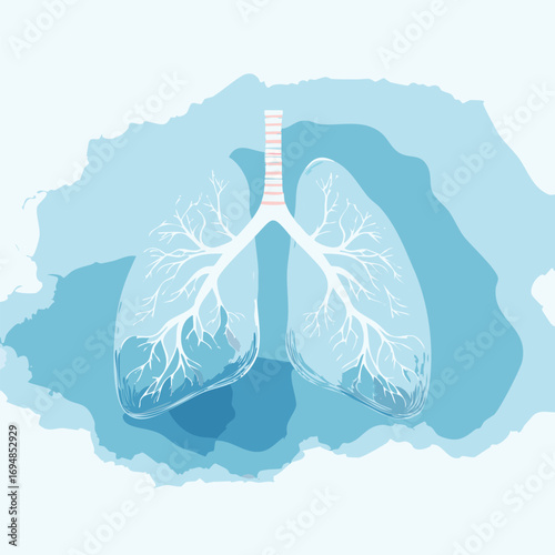 A watercolor painting of a minimal, large pair of clouds using white colors, elegant, transparent, and reminiscent of lungs, on a full light blue color background with a wet wash