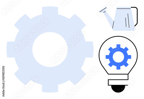 Gear symbolizing mechanism, watering can for growth, and lightbulb for ideas. Ideal for innovation, teamwork, creativity, growth, problem-solving strategy inspiration. Simple flat metaphor