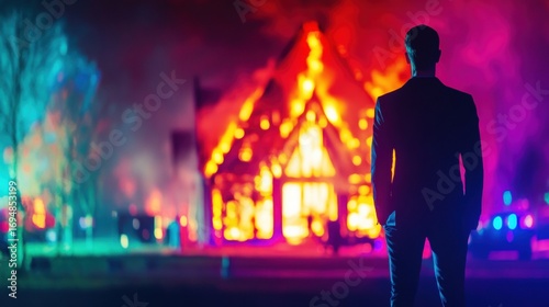 Dramatic fire engulfs building as onlooker observes in darkened night