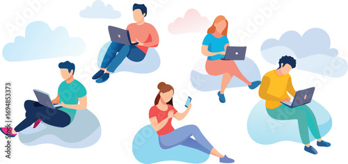 Vector business team illustration of a woman, boy, and child enjoying a fun summer sport on the beach with a sky background