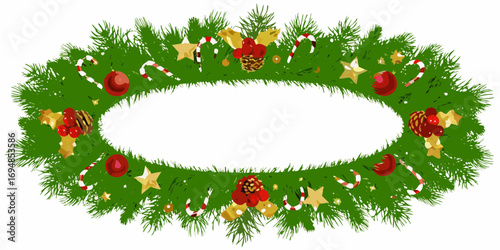 Festive christmas wreath border with ornaments candy canes stars and holly berries
