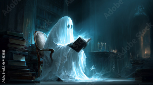 cute ghost reading a book, fantasy halloween illustration on dark background, magical whimsical artwork for posters, cards and decorations