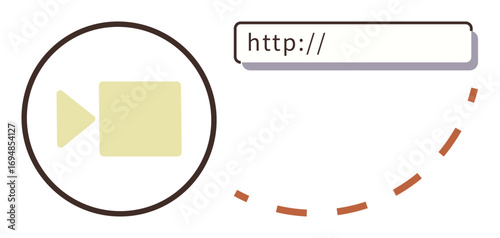 Video camera icon with web link represents online streaming, uploading, virtual events, content creation, digital communication, remote learning, and multimedia sharing. Ideal for simple flat