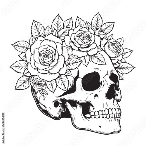 Vector Illustration of Skull with Roses in Dark Gothic Style Black and White