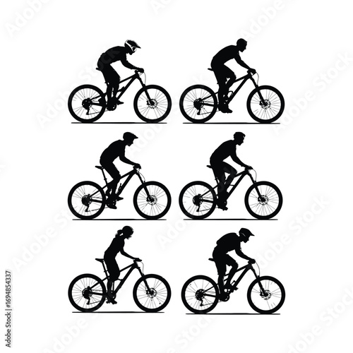 Black and white silhouette illustration of mountain biking scenes with riders and detailed bicycles arranged in two horizontal rows