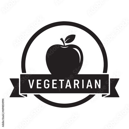 Black Silhouette of Apple with Vegetarian Label in a Circle and Banner fruit food