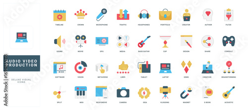 Audio and video content production, digital media product and devices color icon set. Camera and ebook, tablet and laptop, software for authors portfolio and viral blog flat vector illustration