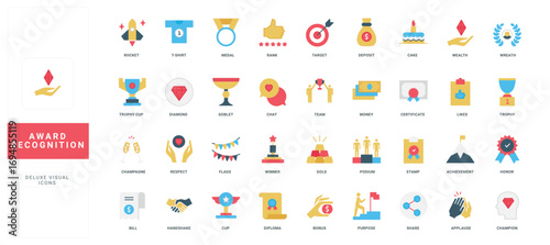 Award of success victory recognition, trophy of business and sport achievement color icon set. Money and diploma of champion for first place, handshake of respect and applause flat vector illustration