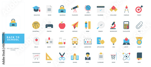 Back to school, tools of student and class lesson, skills development training color icon set. physics and chemistry, geography and sports, book of library and bus, knowledge flat vector illustration