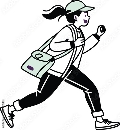 Energetic student running late to class with bag and cap, fun youthful vibe and movement