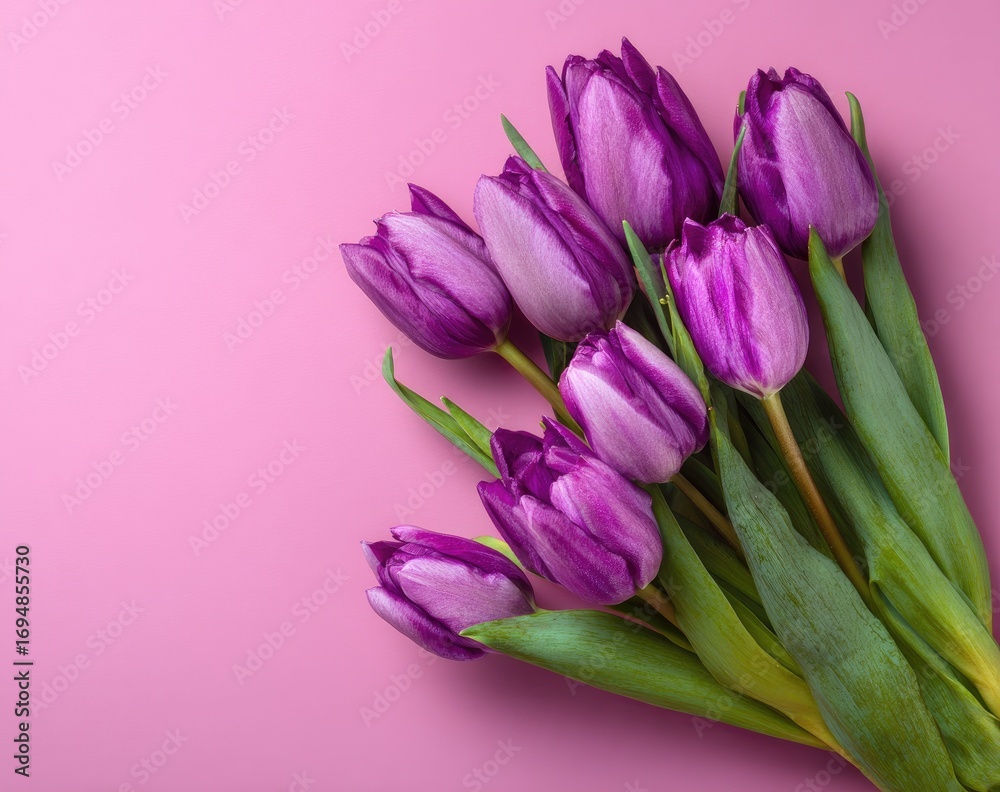 Fototapeta premium Delicate purple tulips on a soft pink background