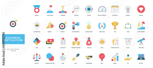 Business motivation, HR strategy, efficiency of career challenge, incentives for growth, development color icon set. Persistence and confident winner on top of podium, flat vector illustration