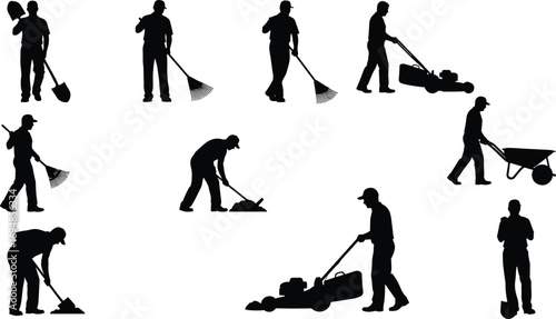 Silhouettes of Landscaping Workers Performing Outdoor Tasks with Tools Such as Rakes, Shovels, Wheelbarrow, and Lawn Mowers on White Background