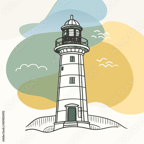 Stunning lighthouse illustration with minimalist design, guiding light for travel, adventure, and coastal themes, evoking feelings of freedom and exploration